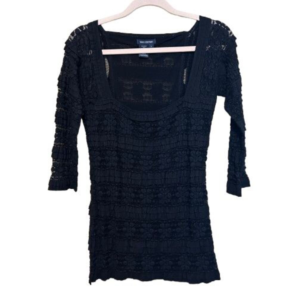 Max Edition Black Floral Stretch Top Women Large 3/4 Sleeve Y2K Style Whimsigoth